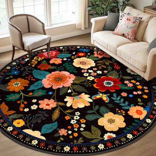 RELEANY Floral Washable Round 8ft Area Rug Black | Flower Carpet, Print, Boho, Non-Slip, Easy to Clean, Soft, Low Pile for Living Room Bedroom Kitchen Office Entryway Hallway - color: Black, size: 8' (Round)