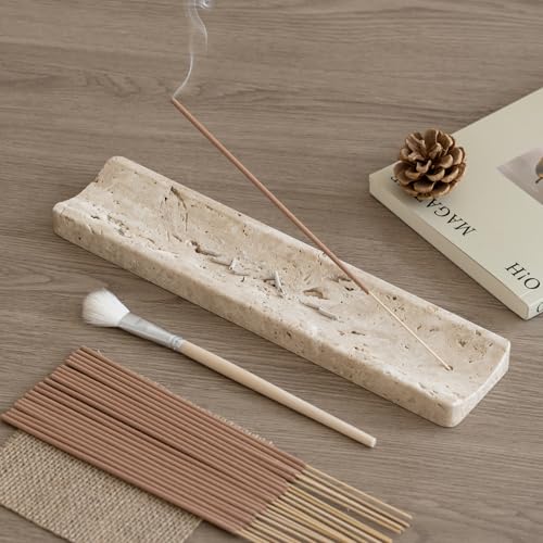 Marble Incense Holder Burner-Natural Stone Stick Incense Tray with Ash Catcher，20 Sticks & Brush - Elegant Decor for Meditation, Yoga, Home,Gift(Beige Travertine) - color: Travertine