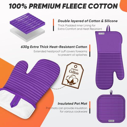 Oven Mitts Kitchen Towels and Dishcloths with Pot Holders Sets, Oven Gloves Hot Pads 500°F Heat Resistant with Silicone Grip, Include 2 Cooking Gloves/2 Potholders/4 Kitchen Towels/4 Dish Towels - color: Purple