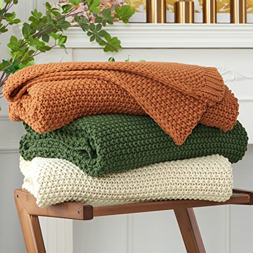 Chunky Cable Knit Throw Blanket Lightweight Burnt Orange 100% Organic Cotton Blanket for Sofa Couch Bed Baby Nursery, Rustic Shabby Chic Modern Farmhouse, 51” x 63” Give Laundering Bag - color: Burnt Orange, size: 51"x63", Standard