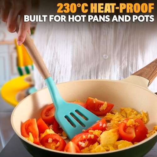 12 Pcs Cooking Kitchen Accessories Set with Holder, Silicone Heads (Teal) | Teal Kitchen Utensils Set for Cooking and Baking; Wooden Handles; Heat-Resistant up to 446°F; Non-Scratch for Nonstick Pans - color: Teal