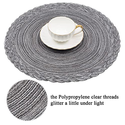 SHACOS Round Placemats Set of 6 Woven Round Table Mats 15 inch Braided Border Washable Cotton Polyester Circle Place Mats, Gray (Pack of 2) - color: Gray, size: 6 pieces (Pack of 2)