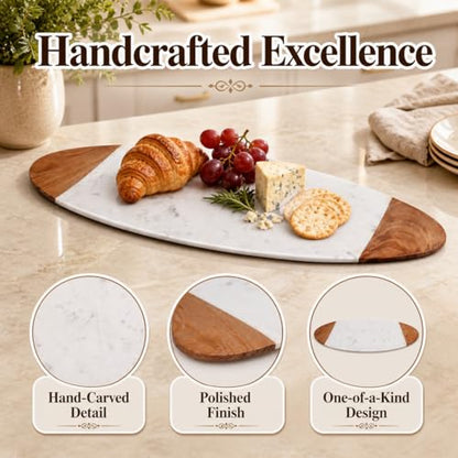 Creative Home Luxury Taj Mahal Natural Marble & Solid Wood Trim Cheese Board, Handcrafted Serving Platter with Cool Surface for Charcuterie, Pastries - KITCHEN ESSENTIAL Gift