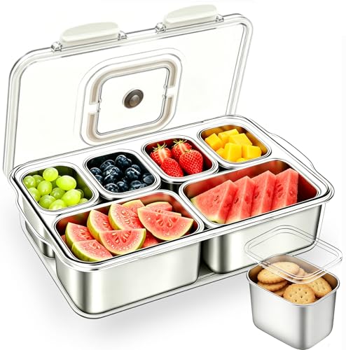 Snackle Box Container, Stainless Steel Divided Serving Tray with Lid and Handle, Large Snack Tray for Fruit Veggie Candy, 6-Compartment Snack Platter for Travel Party Beach Picnic - color: Silver, size: 6 Compartment (13.38"L x 9.25"W x 3.54"H)
