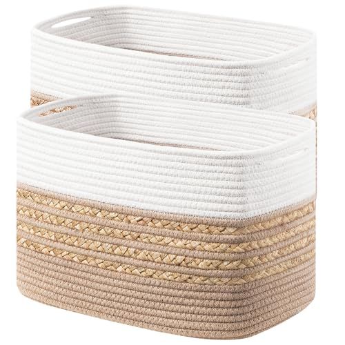 UBBCARE 2 Pack Baskets for Organizing, Woven Storage Baskets for Toys and Towel, Rectangle Cotton Rope Basket with Handles, 14''L x 8''W x9''H, Brown - color: Brown, size: 2 Pack - 14 X 8 X 9 Inches