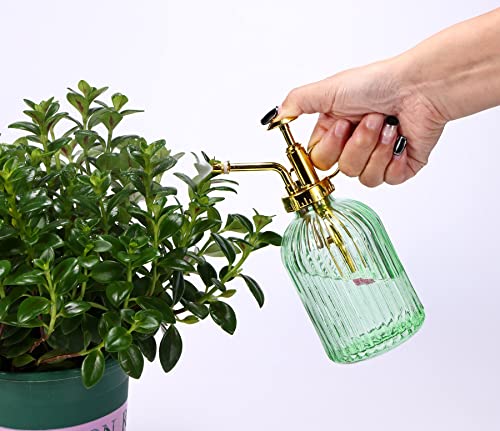 Glass Plant Mister Spray Bottle, 7.5" Green Glass Water Spray Bottle with Gold Top Pump Small Watering Can, Small Plant Sprayer Mister for Indoor Outdoor House,(Green+Gold E) - style: Green+Gold E