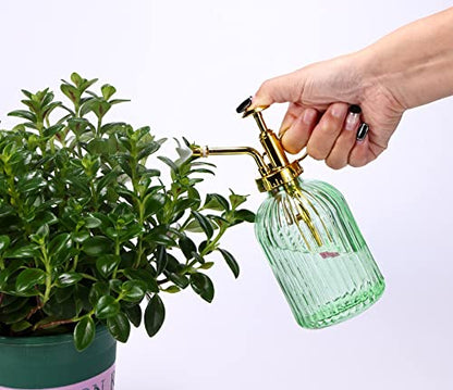 Glass Plant Mister Spray Bottle, 7.5" Green Glass Water Spray Bottle with Gold Top Pump Small Watering Can, Small Plant Sprayer Mister for Indoor Outdoor House,(Green+Gold E) - style: Green+Gold E