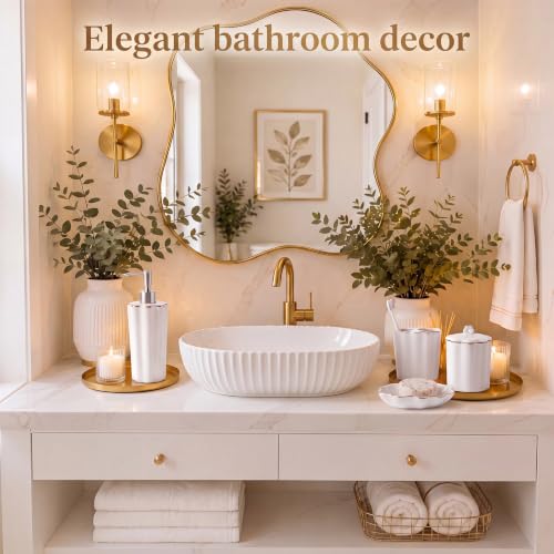 Zhehao Scalloped Bathroom Ceramic Accessories Set 4 Pcs Bathroom Accessory Sets with Toothbrush Holder Soap Dispenser Soap Dish Cotton Swab Jar Bathrooms Countertop Organizer(Gold) - color: Gold