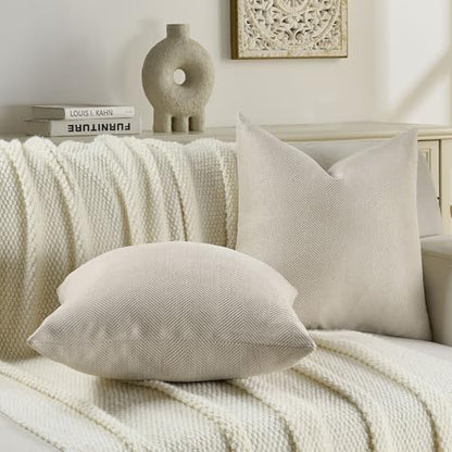 FUTEI Pack of 2 Chenille Throw Pillow Covers 24x24 Inch, Beige | Elegant Herringbone Textured Design,Side Hidden Zipper,Machine Washable,Pill-Resistant,Colorfast,Insert Not Included. - color: Beige, size: 24" x 24" (Pack of 2)