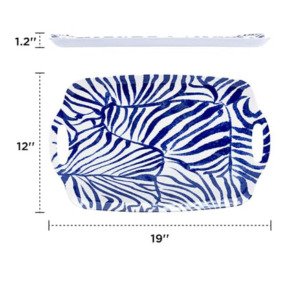 TP Serving Trays with Handles, 19 Inch Large Rectangular Melamine Serving Platter Set of 2, Blue & White - color: Blue&white, size: 19" x 12"