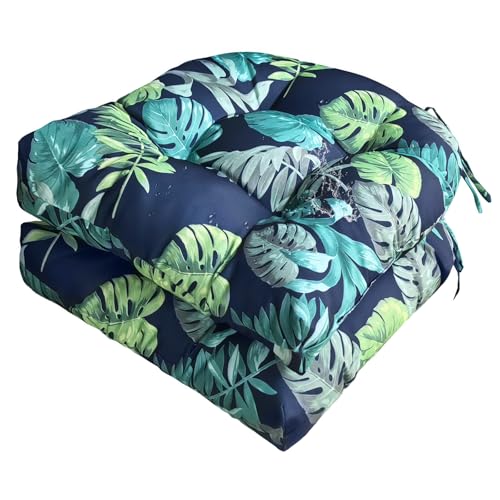 Gnostik Floral Patio Chair Cushions with Ties Waterproof Tufted U Shaped Wicker Seat Cushion Indoor Outdoor Patio Furniture Cushions Set of 2, 18.6"X18.6" Navy Floral - color: Floral Navy