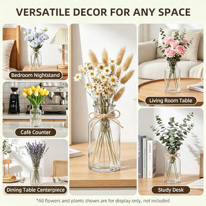 6.38 Inch 17oz Clear Glass Vase, Wide Mouth Flower Vase with Hemp Rope | Thickened Glass Body, Natural Hemp Rope, Smooth Wide Mouth, Stable Base, DIY Sticker Included, 2 Color Options - color: Clear