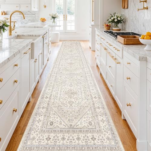 3x16 Washable Hallway Runner Rug - Non-Slip Vintage Kitchen Rugs Beige Gray | Low Pile Thin Wide Carpet for Entryway Soft Pet-Friendly Floor Mat for Living Room Bedroom Indoor Decor - color: Beige/Gray, size: 3' x 16' (Rectangular)