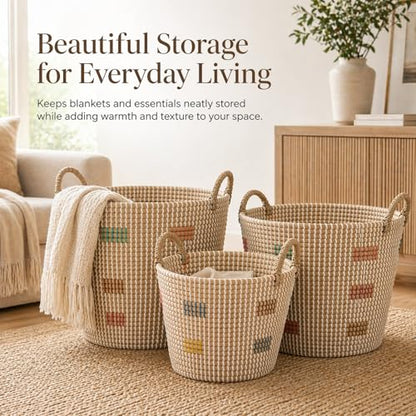 Natural Seagrass Storage Baskets Set of 3 with Handles, Handwoven Decorative Nesting Bins for Blankets, Towels, Toys, Closet, Living Room