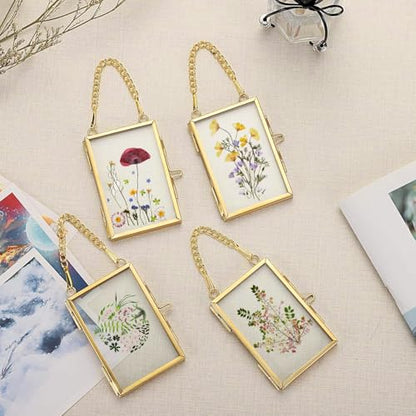 4 Pcs Pressed Flower Frame with Tweezers, Wall Hanging Tabletop Display Double Glass Frames with Metal Chain for Pressed Dried Flowers Plants, Horizontal and Vertical Picture Frame, Gold, FRAMES ONLY - color: Gold-4