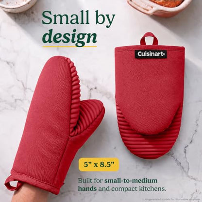 Cuisinart Mini Oven Mitts, 2-Pack 5"x8.5", Heat Resistant 500F | Compact pot holder for baking, air fryer, and cookware, silicone non-slip grip, hanging loop, fits either hand, wipes clean - color: Red
