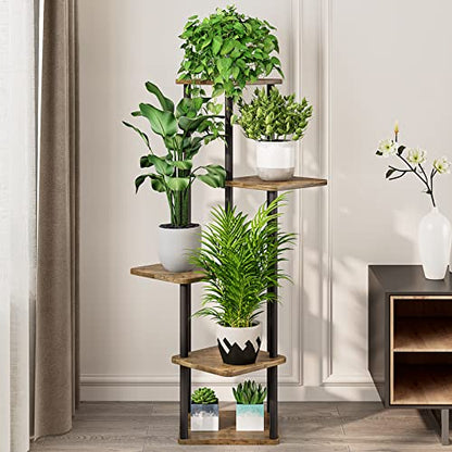 5 Tier Tall Plant Stand Indoor Corner Tiered Shelf Metal MDF Board | Sturdy Metal Frame,Space-saving Tiered Design Display Multiple Plants,Modern Style for Home,Balcony,Office Black+Rustic Brown