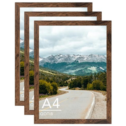 A4 Picture Frame 8.3x11.7 inch for Wall Hanging or Tabletop, Wood 8.3 x 11.7 Frame Photo Frame for Wall Horizontally or Vertically, Deep Brown, 3 Pack - size: 8.3x11.7 inch
