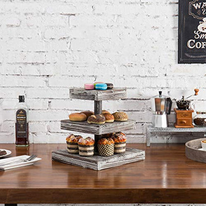 MyGift 3 Tier Cupcake Stand, Torched Wood Dessert Display Stand, Tiered Tray for Cakes, Appetizers Party Table Decor, Farmhouse Serving Tower