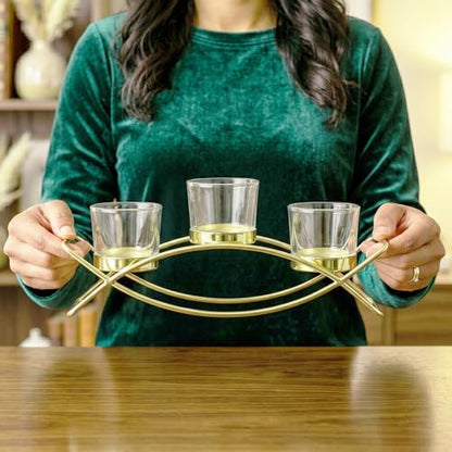 Iron Arch Table Centerpiece Decorations Long Candle Holder for Weddings, Patio, Kitchen, Dining Room, and Coffee Tables, Gold, Clear Chunky 3 Cups | Votive Candle Holders, Wrought Iron 3 Cup Candelabra, Long Modern Coffee Console Table, Clear Glass Cups,