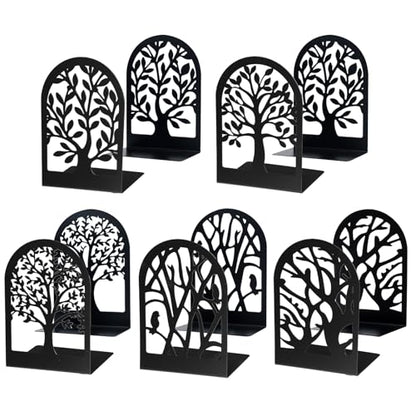 Tree Bookends 10 Pack Black Metal Heavy Duty Book Supports for Shelves | Black Metal, Tree Silhouette Design, 5 Pairs, Sturdy Book Supports, for Home Office School and Library Shelves