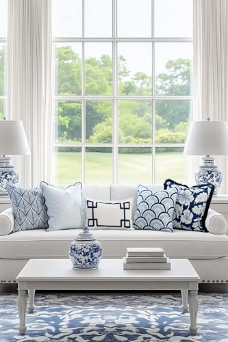 Hofdeco Premium Coastal Patio Indoor Outdoor Lumbar Pillow Cover Only, 12"x20" Water Repellent for Backyard, Couch, Navy Blue Embroidered Frame Greek Key - color: Navy Blue Frame Greek Key 12"x20"
