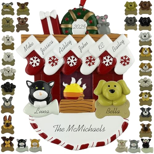 Customized and Personalized Christmas Ornament - Family of 2-6 with Two Pets - Select 2 of The 25 Different Dogs and Cats to Design Your Own Made to Order Gift (Family of 6) - size: Family of 6 with 2 Pets