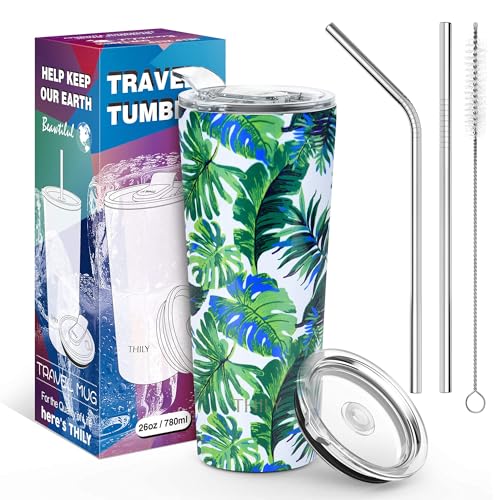 THILY Tumbler Stainless Steel Coffee Cup 26 oz Triple-Insulated Travel Mug with Splash-Proof Lid, for Ice Drinks and Hot Beverage Smoothies Cup, Green Plants - color: Green Plants, size: 26 Ounce (Pack of 1)