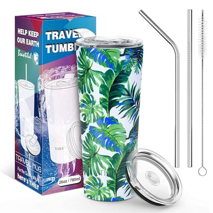 THILY Tumbler Stainless Steel Coffee Cup 26 oz Triple-Insulated Travel Mug with Splash-Proof Lid, for Ice Drinks and Hot Beverage Smoothies Cup, Green Plants - color: Green Plants, size: 26 Ounce (Pack of 1)