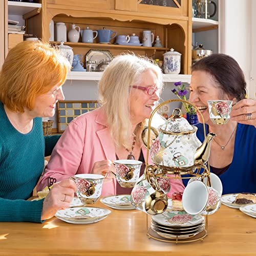 Zhehao 20 Pcs Porcelain Tea Set with Metal Holder and Spoon Adult Ceramic Tea Set European Flower Painting Teapot Cup Saucer Spoon for Women Mom Gift, Large Version (Bright Style) - color: Bright Style
