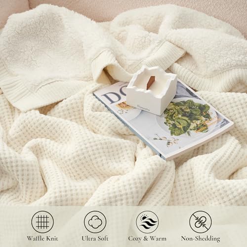 Reversible Waffle Weave Throw Blanket, Chenille Knit with Warm Sherpa, Soft Cozy Blanket for Couch, 50"x60", Ivory - color: Waffle-ivory