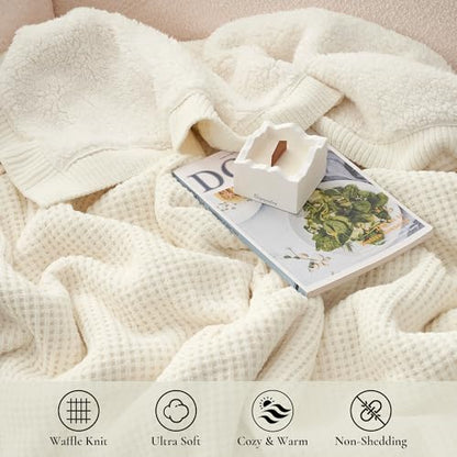 Reversible Waffle Weave Throw Blanket, Chenille Knit with Warm Sherpa, Soft Cozy Blanket for Couch, 50"x60", Ivory - color: Waffle-ivory