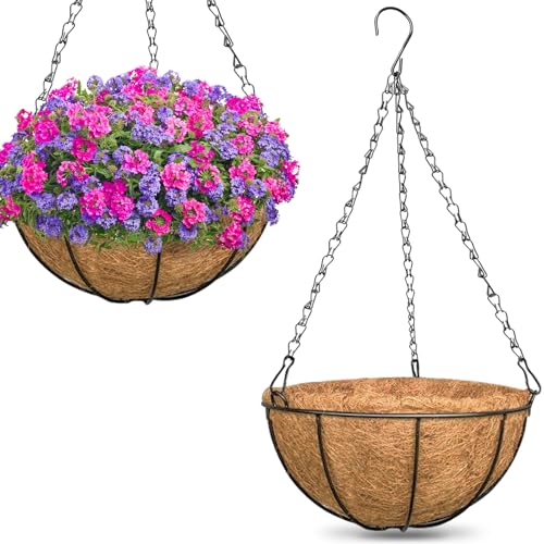 2 Pack 14 Inch Hanging Baskets for Plants Outdoor, Metal Wire Round Planters with Coco Liner, Hanging Flower Baskets for Home Garden Porch Balcony Railings Decor - color: 2 Pack, size: 14 Inch