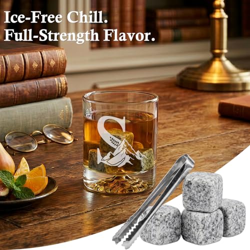 Personalized Whiskey Glass Gift Set for Men – Monogrammed Initial Rocks Glass with Slate Coaster, Wooden Box & Whiskey Stones, Birthday Father's Day for Him Dad Husband (S)