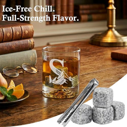 Personalized Whiskey Glass Gift Set for Men – Monogrammed Initial Rocks Glass with Slate Coaster, Wooden Box & Whiskey Stones, Birthday Father's Day for Him Dad Husband (S)