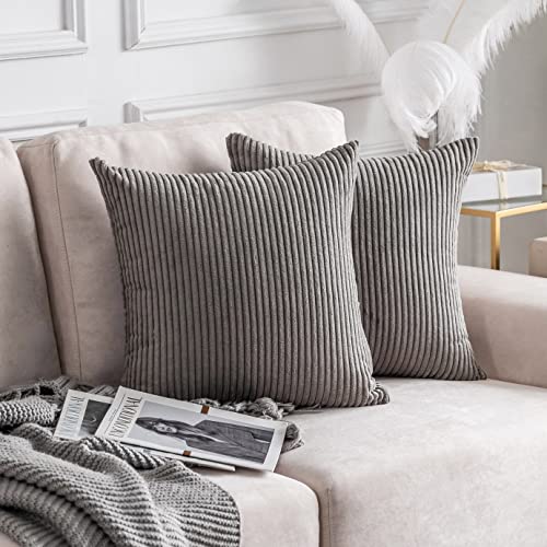 Home Brilliant Set of 2 Corduroy Throw Pillow Covers Striped Velvet 16x16 Pillow Covers Square Throw Pillow Case for Couch Chair Baby Toddler, 16 x 16 inch, Ash Grey - color: Ash Grey, size: 16" x 16" (Pack of 2)