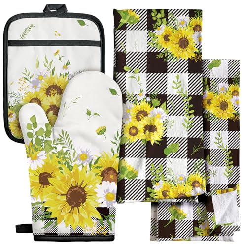 Miss Adola 270 GSM Cotton Kitchen Towels, Oven Mitt and Pot Holder - 4 Pack Kitchen Decor and Accessories Set Cute Farmhouse Boho Quilted Lining Heat Resistant Set with Hanging Loop, Plaid Sunflower - color: Plaid Sunflower