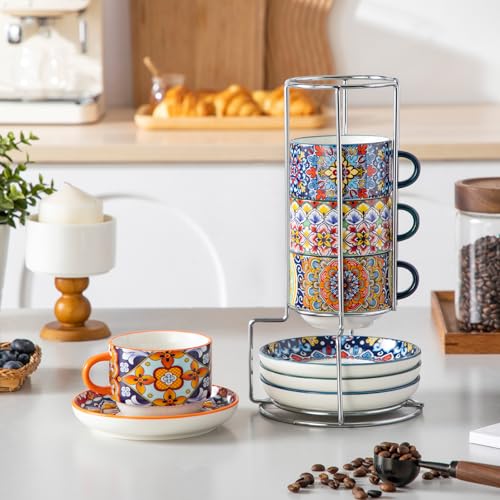 vancasso 8 Oz Espresso Cup Set of 4, Bohemian Ceramic with Stand | Microwave and Dishwasher Safe, Easy Clean, For Cappuccino, Tea, Latte, Espresso, Stackable Design with Handle - size: 8 Oz