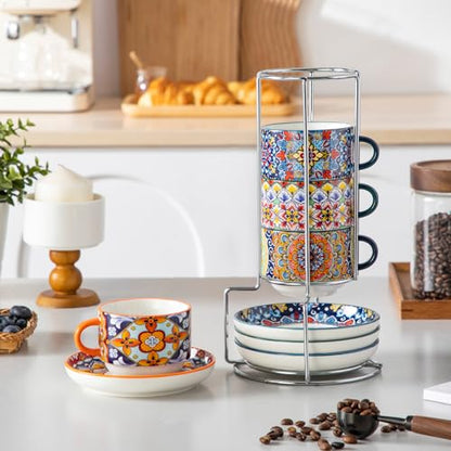 vancasso 8 Oz Espresso Cup Set of 4, Bohemian Ceramic with Stand | Microwave and Dishwasher Safe, Easy Clean, For Cappuccino, Tea, Latte, Espresso, Stackable Design with Handle - size: 8 Oz