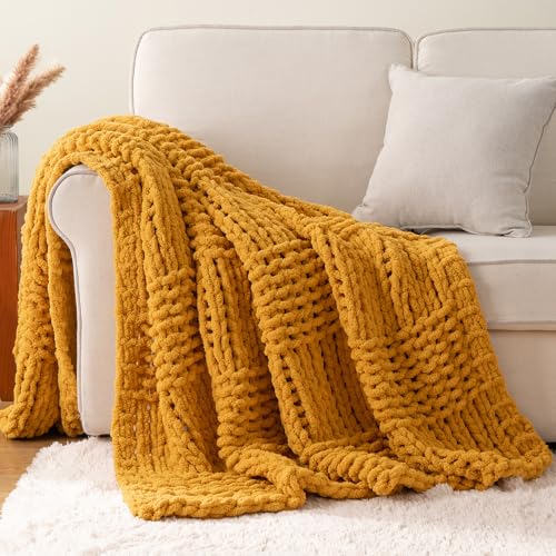 Bunnikins & Clover Mustard Yellow Throw Blanket for Couch, 50"x60" | Chunky Knit Gold Blanket Throw with Chenille Yarn for Bed Living Room Home Decor - color: Mustard