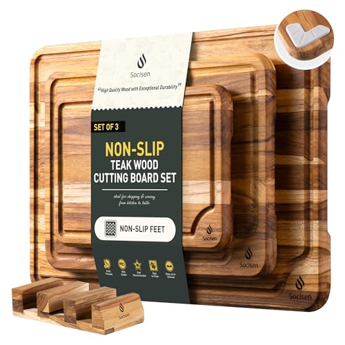 3 Pack Teak Wood Cutting Board Set for Kitchen Charcuterie Board Serving Heavy Duty Non Toxic Slip Over Sink Solid Thick Haus Wooden Chopping Board Large Big Small Meat Best Kitchen Mother Gift - style: Set of 3 with Holder