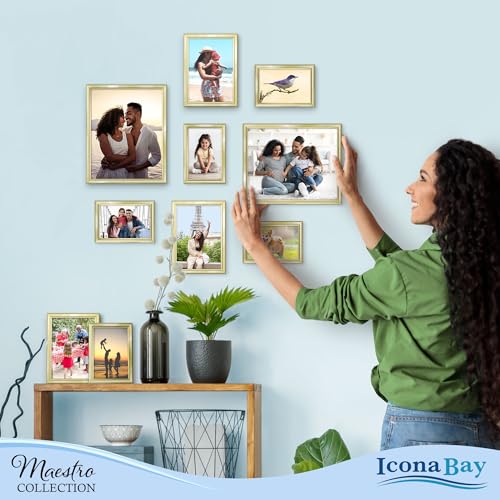 Combination Gold Picture Frames Set - 10 PC (Five 4x6, Three 5x7, Two 8x10), Classy Contemporary Style, Maestro Collection for Wall Gallery | Icona Bay Mixed Photo Frames - Glass Cover Sheet - Classy Contemporary Style - Wall Gallery, Collage - Table Top