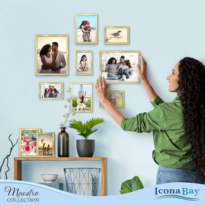 Combination Gold Picture Frames Set - 10 PC (Five 4x6, Three 5x7, Two 8x10), Classy Contemporary Style, Maestro Collection for Wall Gallery | Icona Bay Mixed Photo Frames - Glass Cover Sheet - Classy Contemporary Style - Wall Gallery, Collage - Table Top