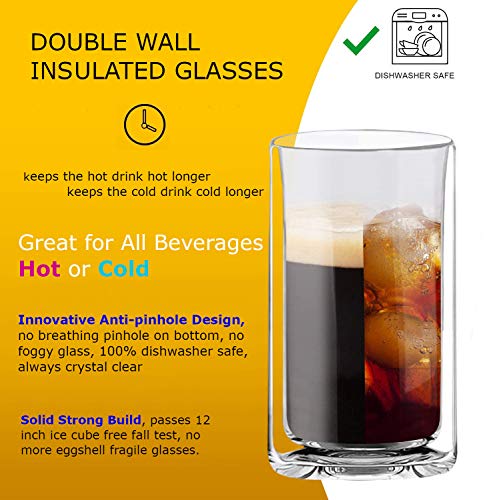 Sun's Tea Double Wall Insulated Glass Tumbler, 16oz (450ml) Highball Glass Cups for Beer, Lemonade, Iced Tea, Tropical Drink, Cocktail, Smoothie, Mojito and Mixed Drinks, Set of 2 - Collins Style