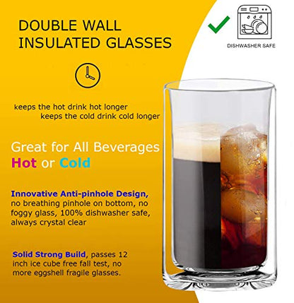 Sun's Tea Double Wall Insulated Glass Tumbler, 16oz (450ml) Highball Glass Cups for Beer, Lemonade, Iced Tea, Tropical Drink, Cocktail, Smoothie, Mojito and Mixed Drinks, Set of 2 - Collins Style