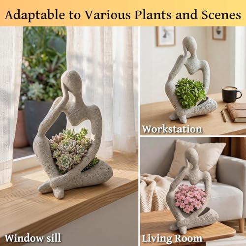Large Resin Thinker Head Planter Pot with Drainage Hole Unique Indoor Outdoor Flower Pot for Succulents Cacti and Home Decor Perfect Plant Lover Gift