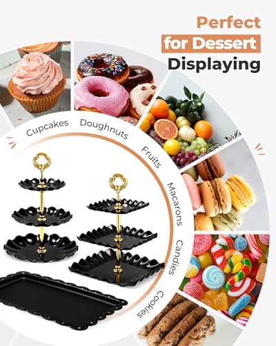 Kootek 10pcs Cupcake Stand Dessert Table Display Set Serving Tray for Party | 3-Tier Cupcake Stand, 6 Rectangular Trays, Hold 128 Standard Cupcakes, Cookie Display, BPA-Free, No Tools Required, Hand Wash - color: Gold & Black, size: 10 Set