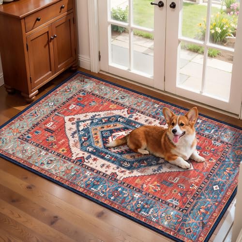 SERISSA 2x4 Washable Non Slip Boho Runner Rug for Entryway，Rust | Ultra Soft Vintage Oriental Carpet Low-Pile Tribal Entrance Carpet for Kitchen Bedroom Hallway Laundry Room Bathroom - color: Rust/Multi, size: 2' x 4' (Rectangular)