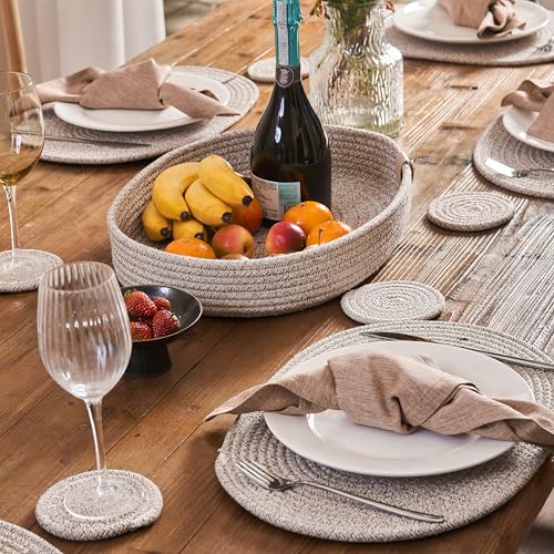 13-Piece Oval Cotton Rope Placemat Set, Coasters, Warm Taupe | 16 x 12 inch, machine washable, thick woven construction, everyday heat protection - color: Taupe Mix, size: 16*12 Plus 6 coasters
