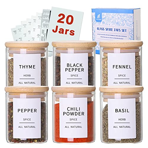 Glass Spice Jars with Bamboo Lids - 20 Pcs Thicken(2.4mm) 4oz Airtight Seasoning Containers with 131 Waterproof Minimalist Spice labels Preprinted - Small herb Jars for Pantry Organization and Storage - color: 4oz(20pcs)